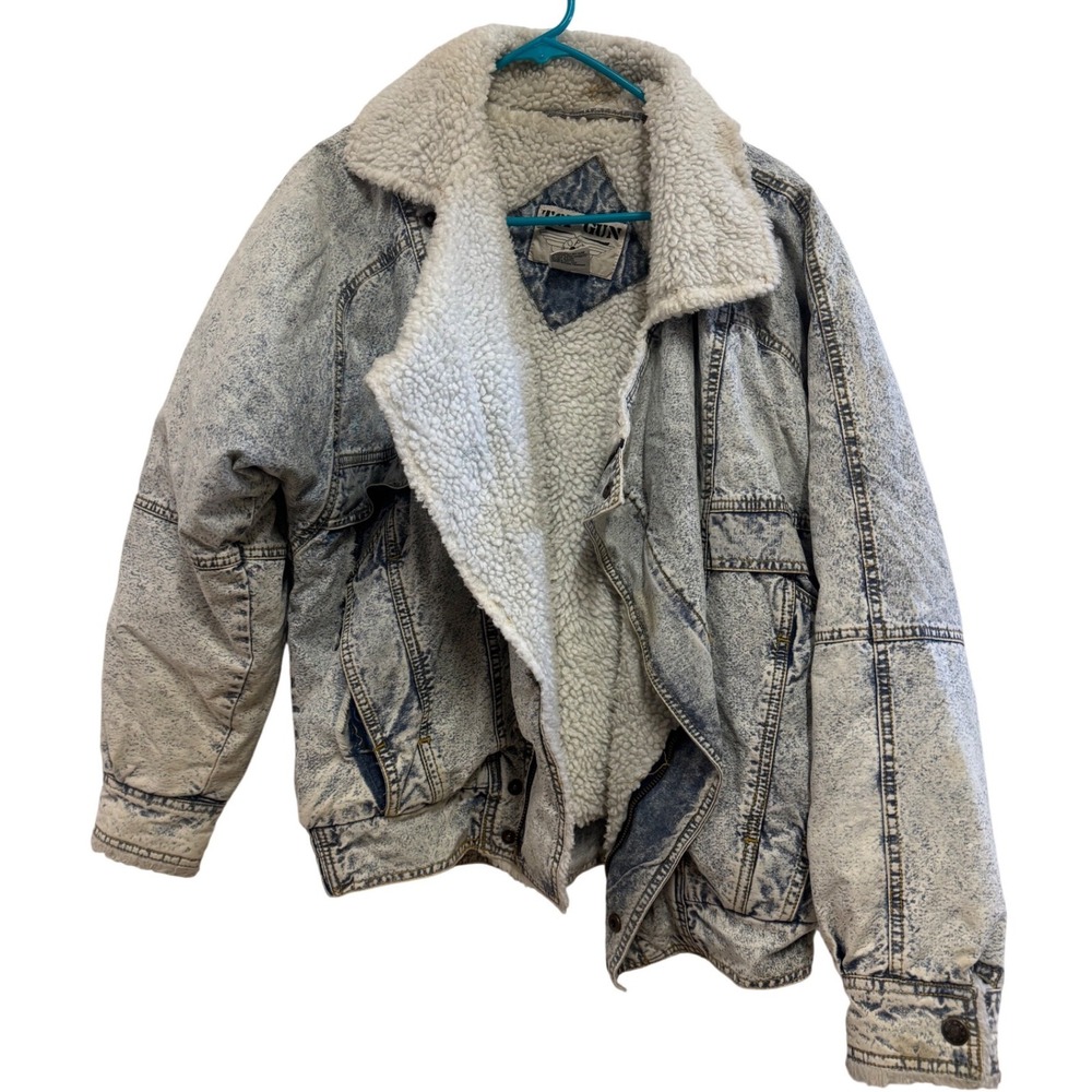 Vintage Top Gun Acid Wash Denim Sherpa Lined Bomber Jacket Mens Small Blue 80s